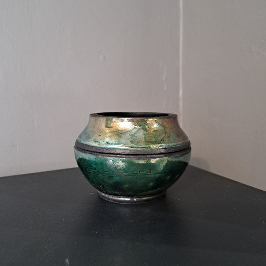 Laura Lee Ceramics - Medium green metallic glaze Raku Vase No 9