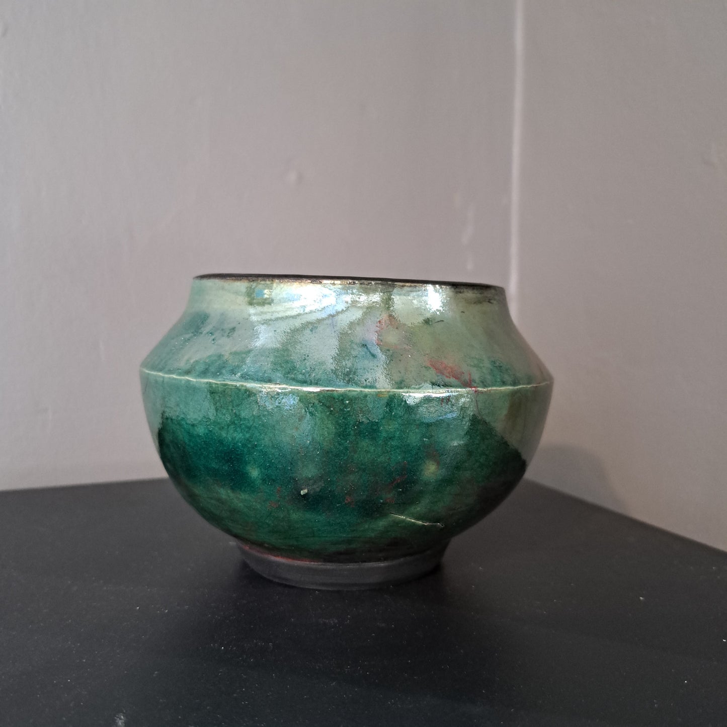 Laura Lee Ceramics - Medium green metallic glaze Raku Vase No 1