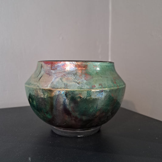 Laura Lee Ceramics - Medium green metallic glaze Raku Vase No 1