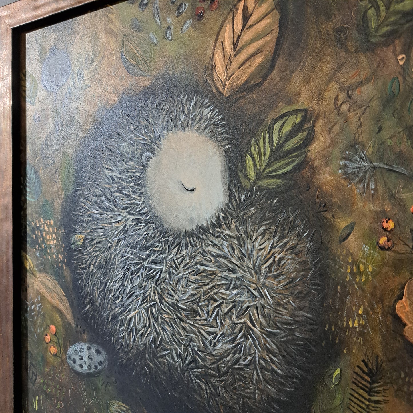 Christine Hughes - Hibernation, Sleeping hedgehog, Enchantment Collection, original framed painting