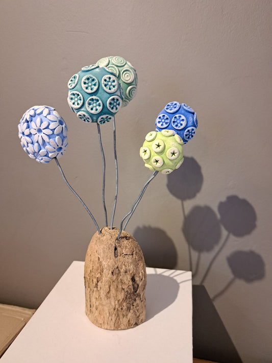 Kate Ellis Ceramics - Five flower heads green and blue