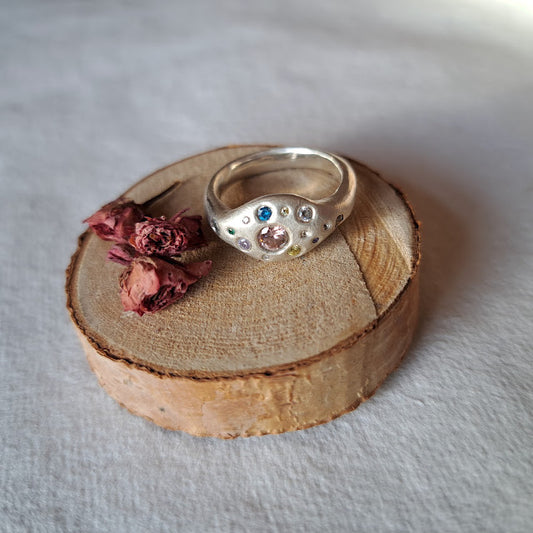 Carole Ramsden Silver - CR310 - Signet style chunky multi-colour stone set ring