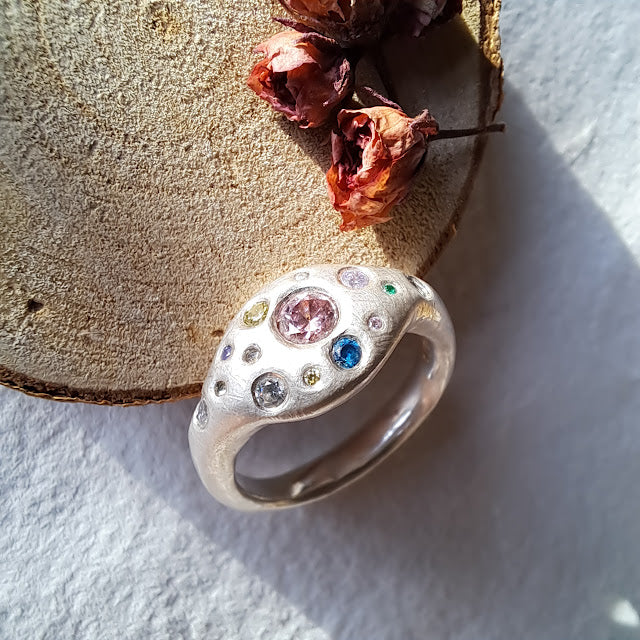 Carole Ramsden Silver - CR169 - Signet style chunky multi-colour stone set ring