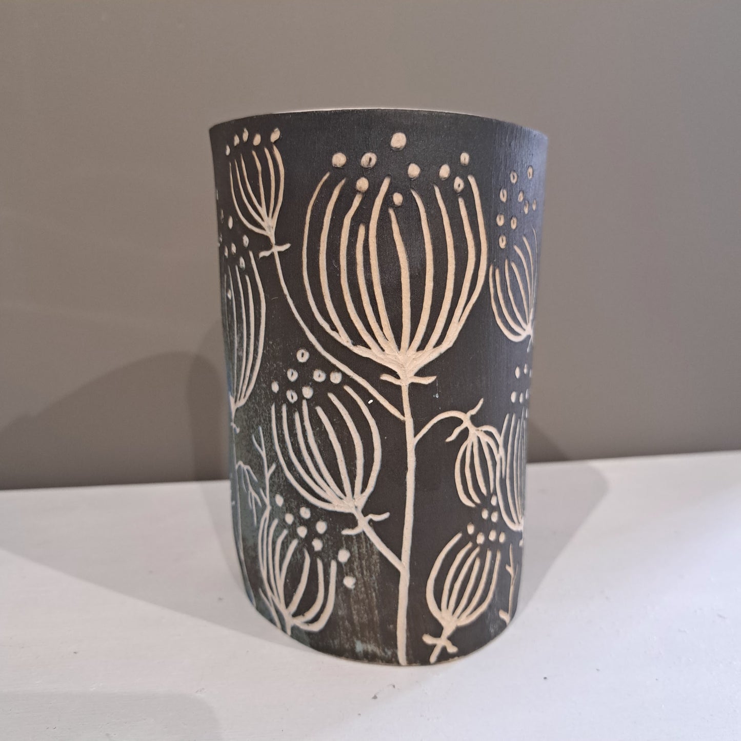 Natalie Elderton - Large green/brown Arris Cylinder Vase