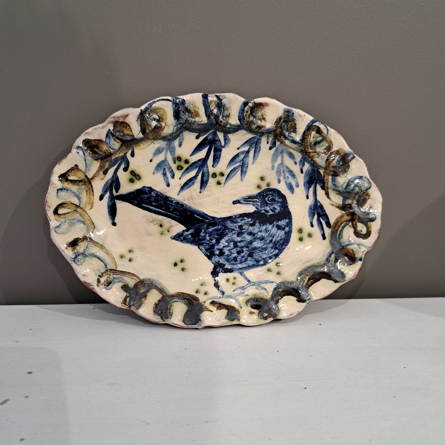 Adrift Pottery - Blackbird small oval fluted dish 7