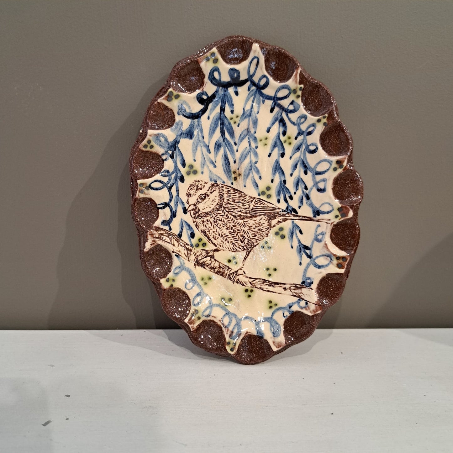 Adrift Pottery - Bluetit small oval fluted dish 8