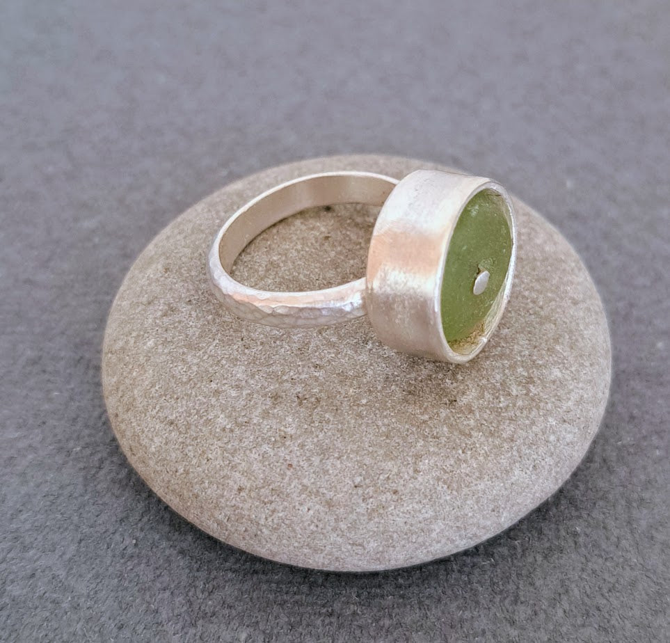 Carole Ramsden Silver - Lime green sea glass riveted bezel ring