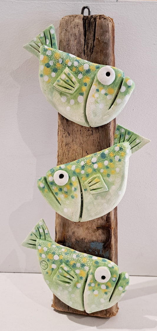 Kate Ellis - 3 Green fish on wood, wall hanging