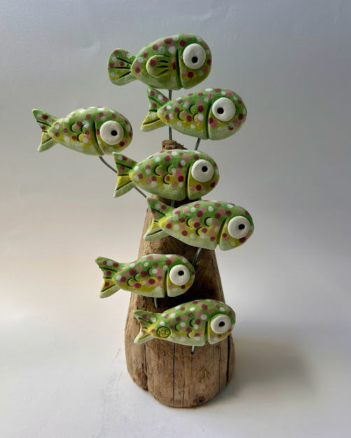 Kate Ellis - Seven Green Fish on Wood