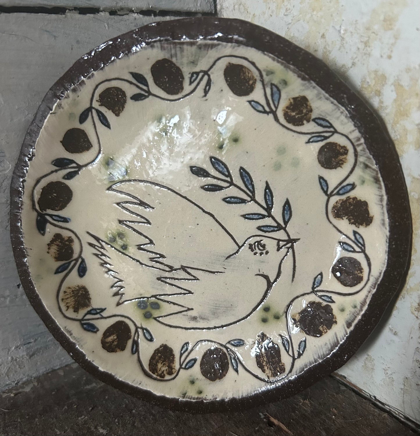 Adrift Pottery - Slipware Peace Dove trinket footed dish