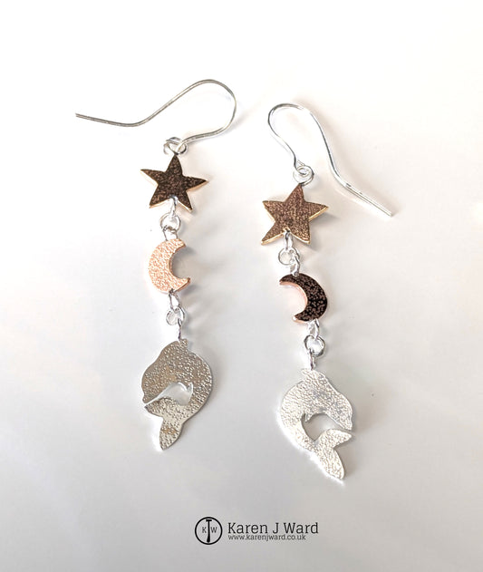 Karen J Ward - Drop earrings, Star, Moon, Dolphin KW83