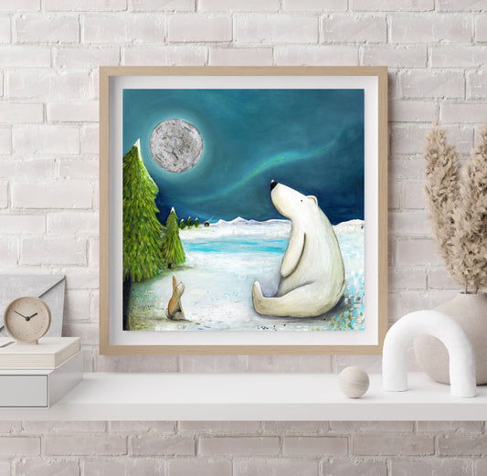 Christine Hughes - Winter Wonderland, Polar Bear and Hare landscape Print