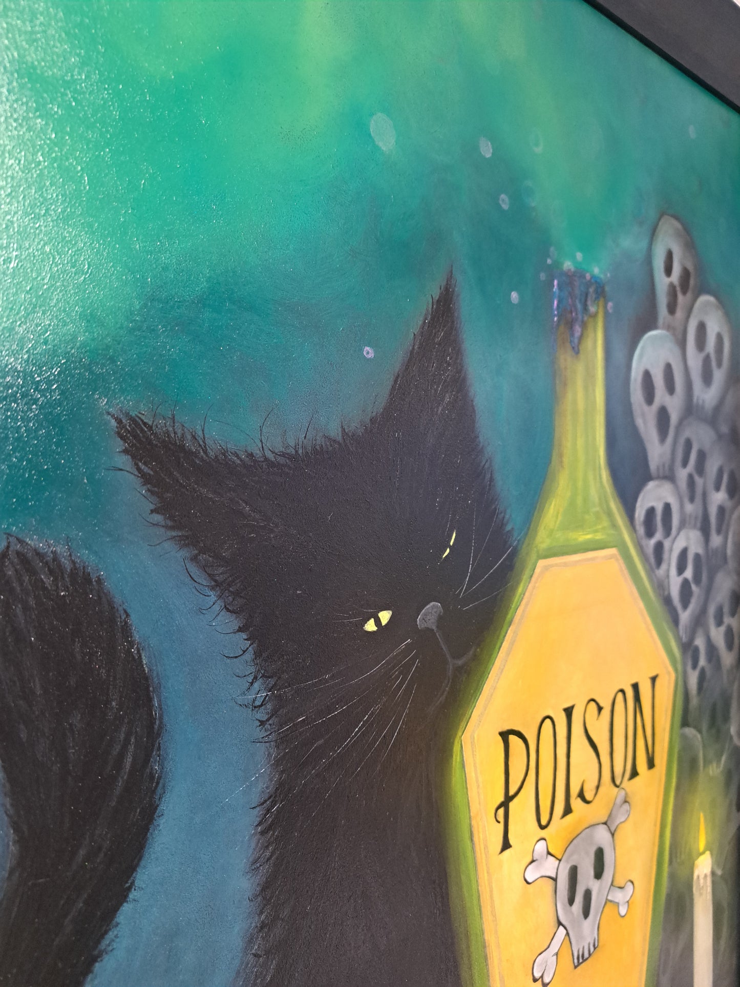 Christine Hughes - 'Bewitched', Black Cat in whimsical witchcraft Original Painting