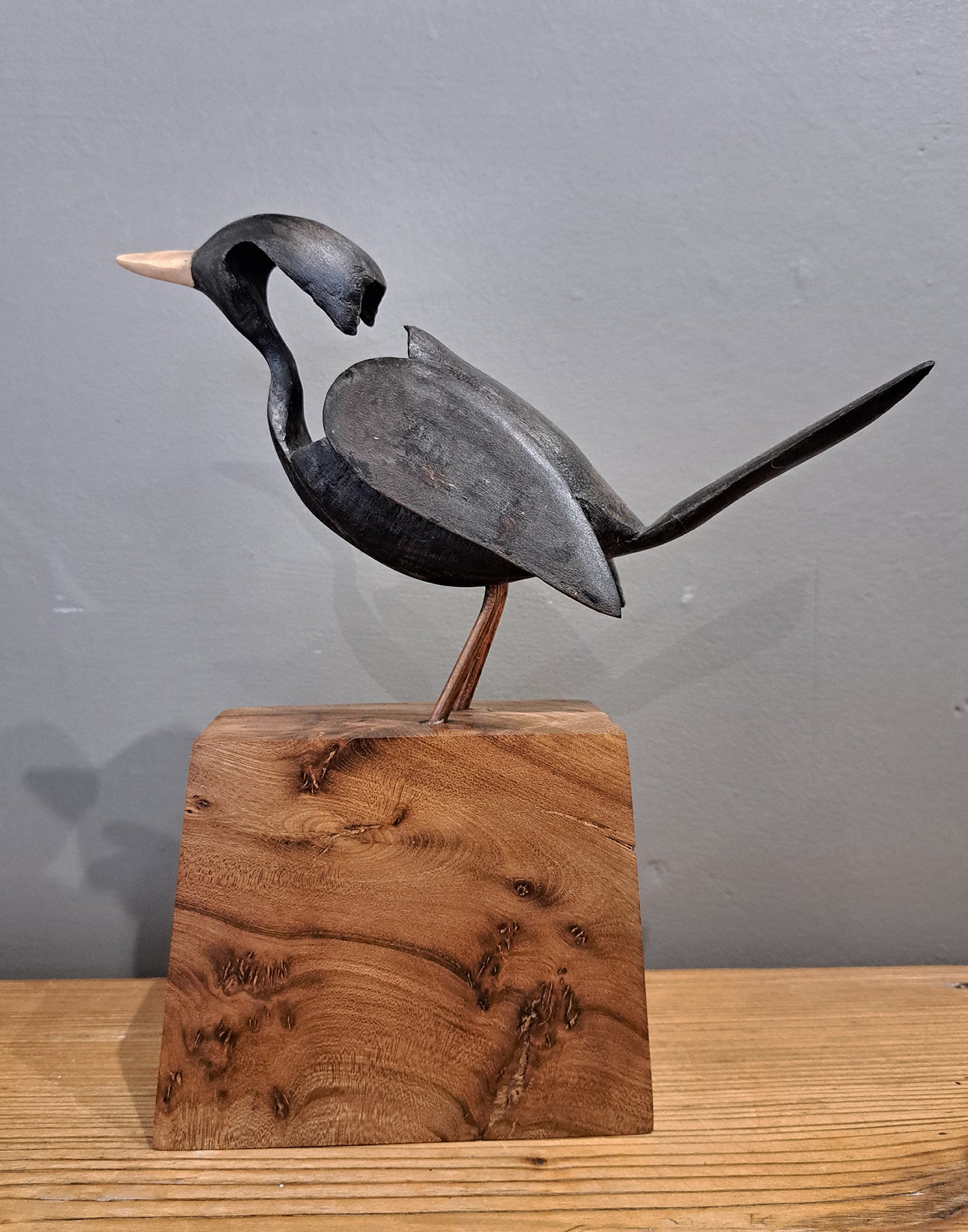 Mike Nowill - Wood Sculptures, Blackbird on Burr Elm Plinth