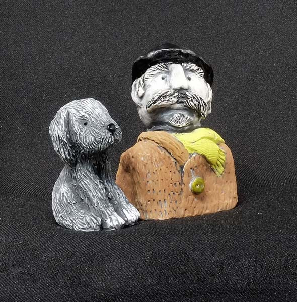 Christine Hughes - Sculptures - Bowler hat man and dog