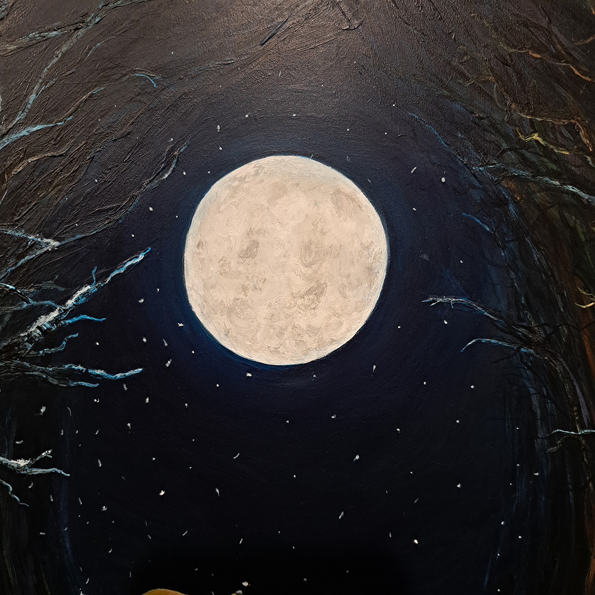 Christine Hughes - First Snow, Magical Forest with golden Labrador, Enchantment Collection. Original Painting