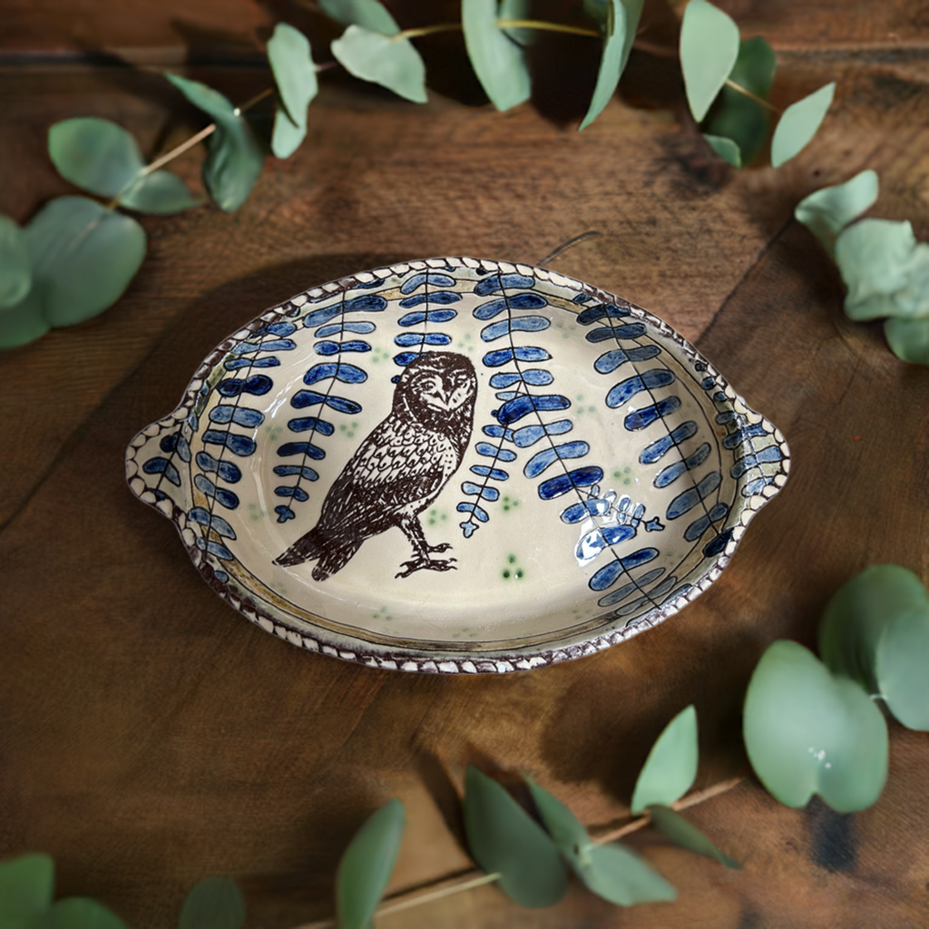 Adrift Pottery - Slipware Owl Dish with handles