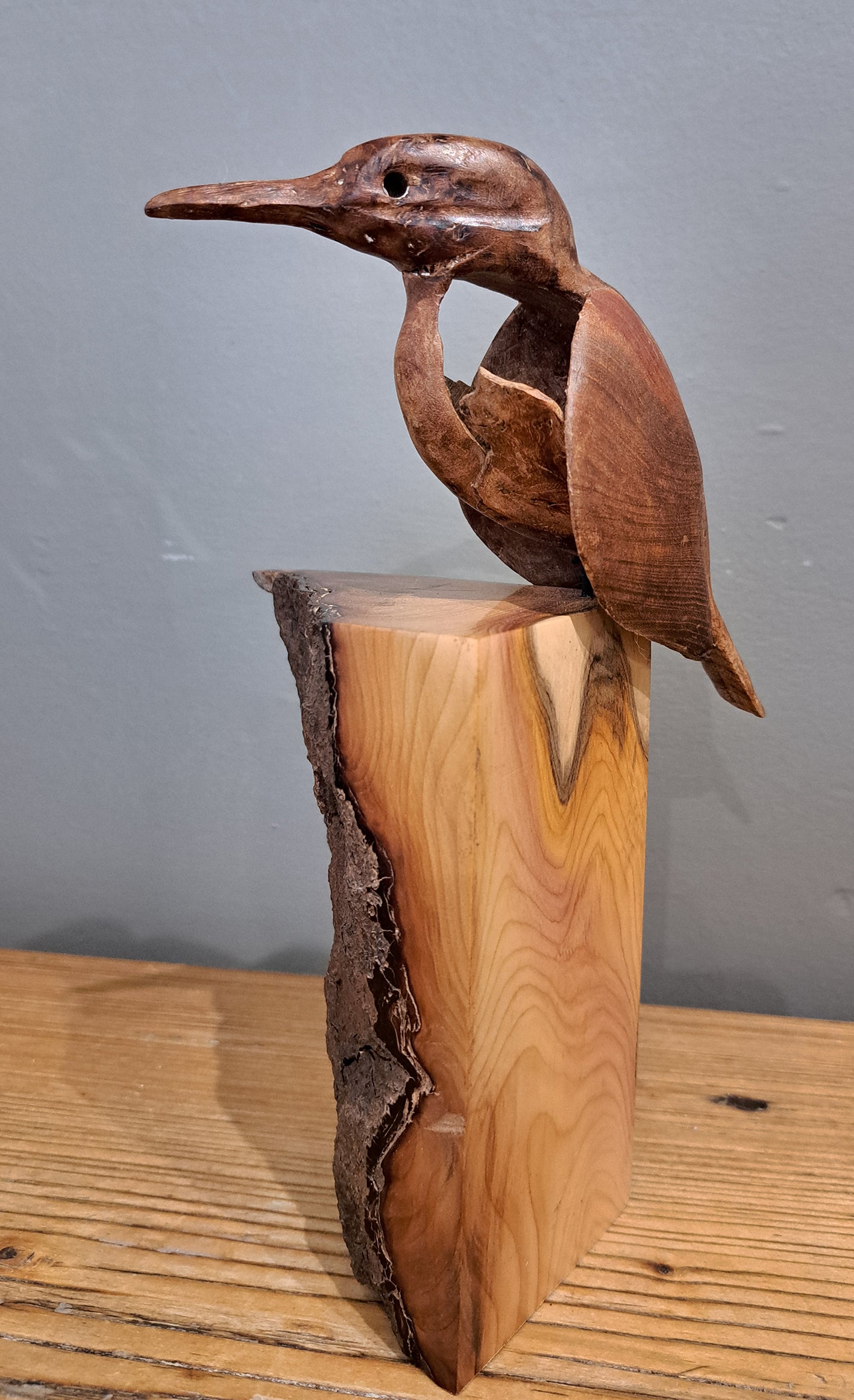Mike Nowill - Wood Sculptures, Kingfisher on Yew plinth