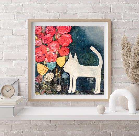 Christine Hughes - Moonlit Garden, Dog illustration in a neon floral garden