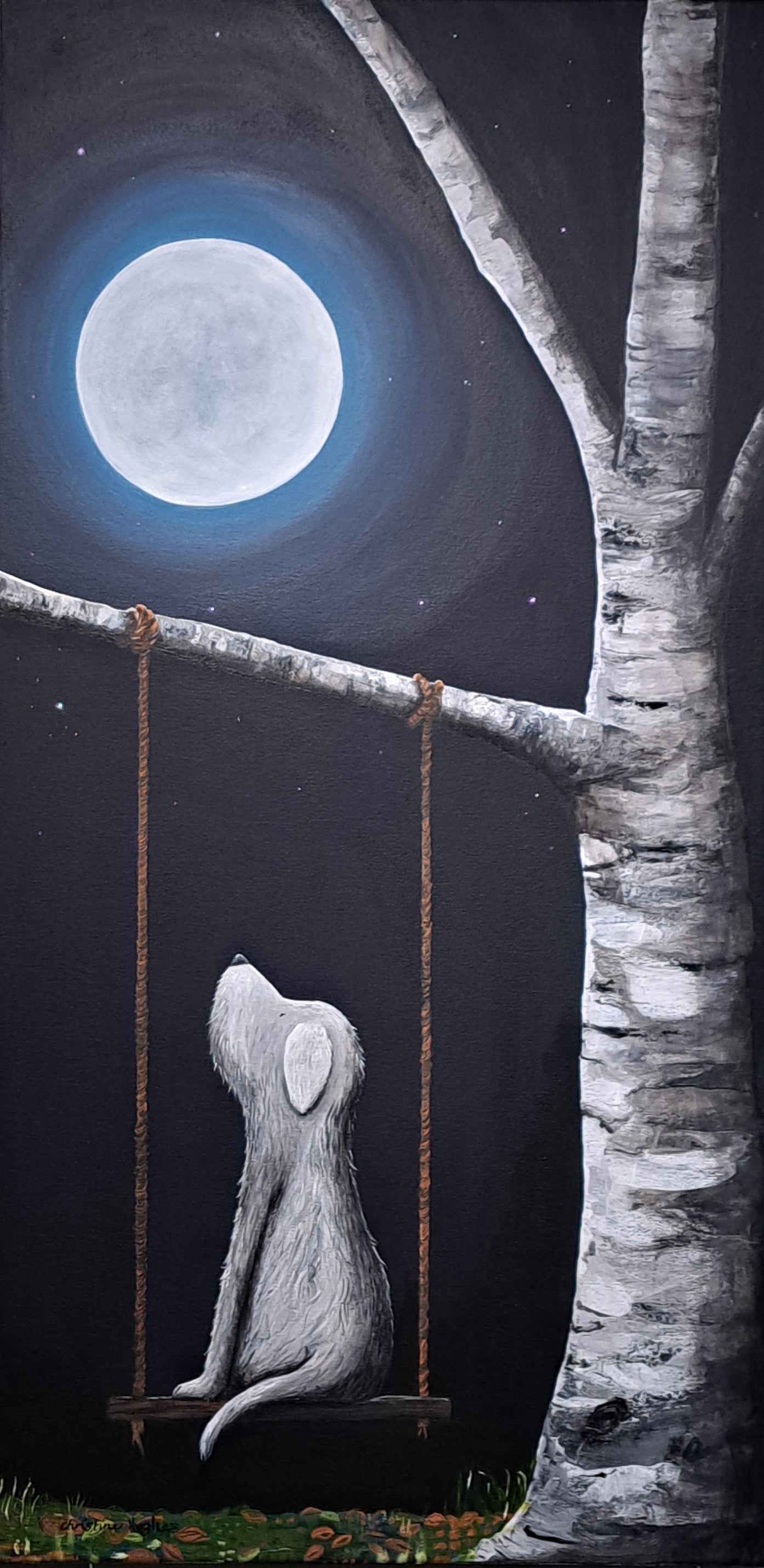 Christine Hughes - Moonstruck Dog on a swing at night