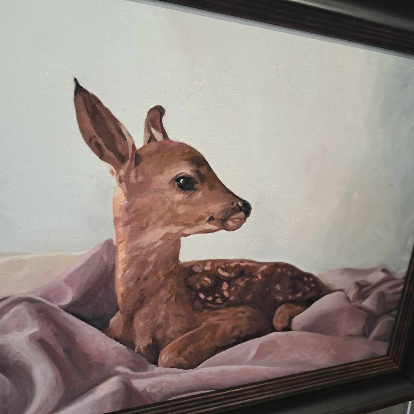 Olivia Dunn - Resting Fawn On Bed, Original Oil Painting