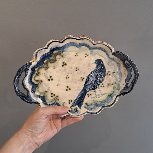 Adrift Pottery - Slipware Bird Plate with handles 20