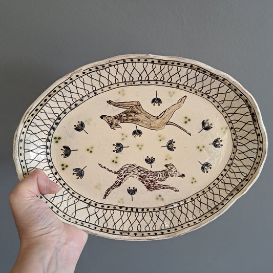 Adrift Pottery - Running Hound Medium Oval Dish 14