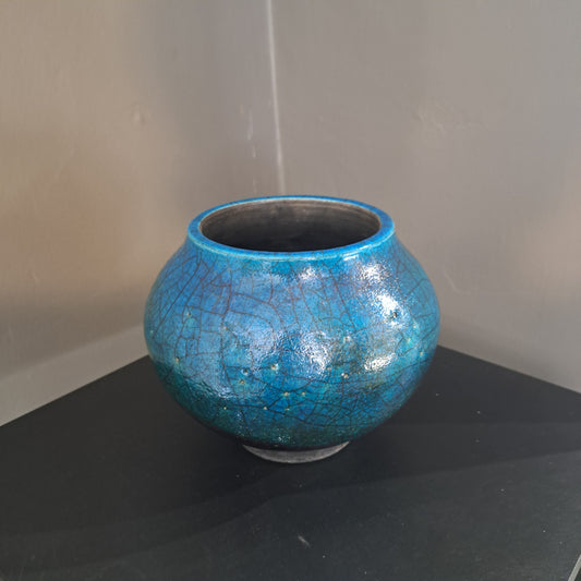 Laura Lee Ceramics - Large blue copper flash Raku Vase No 7