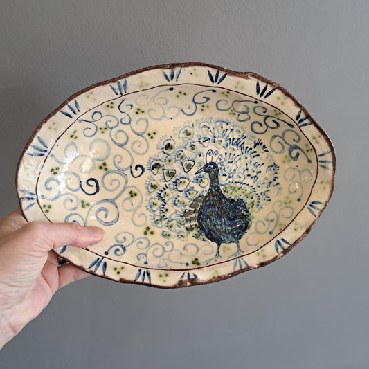 Adrift Pottery - Peacock illustrated slipware dish 15