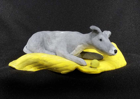 Christine Hughes - Sculptures - Whippet on yellow blanket