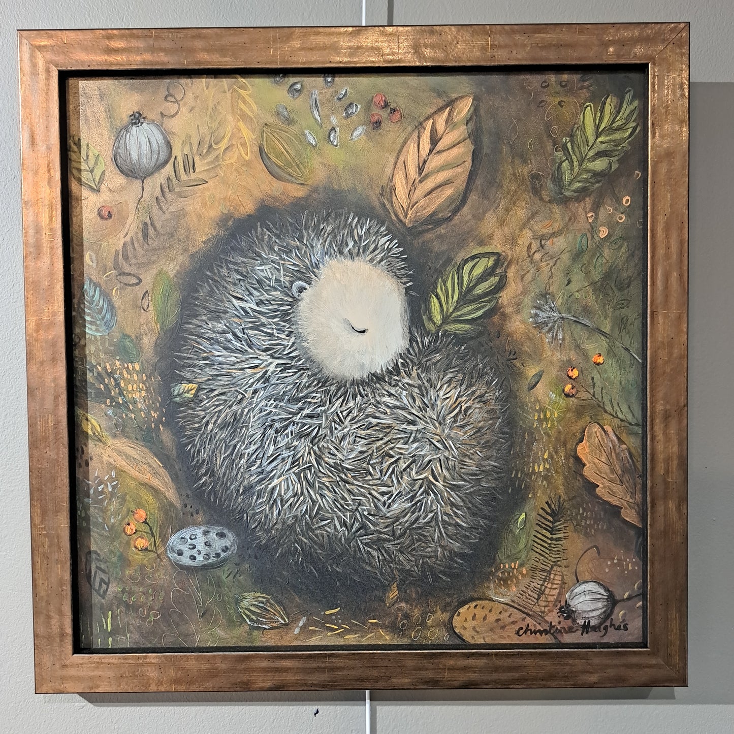 Christine Hughes - Hibernation, Sleeping hedgehog, Enchantment Collection, original framed painting