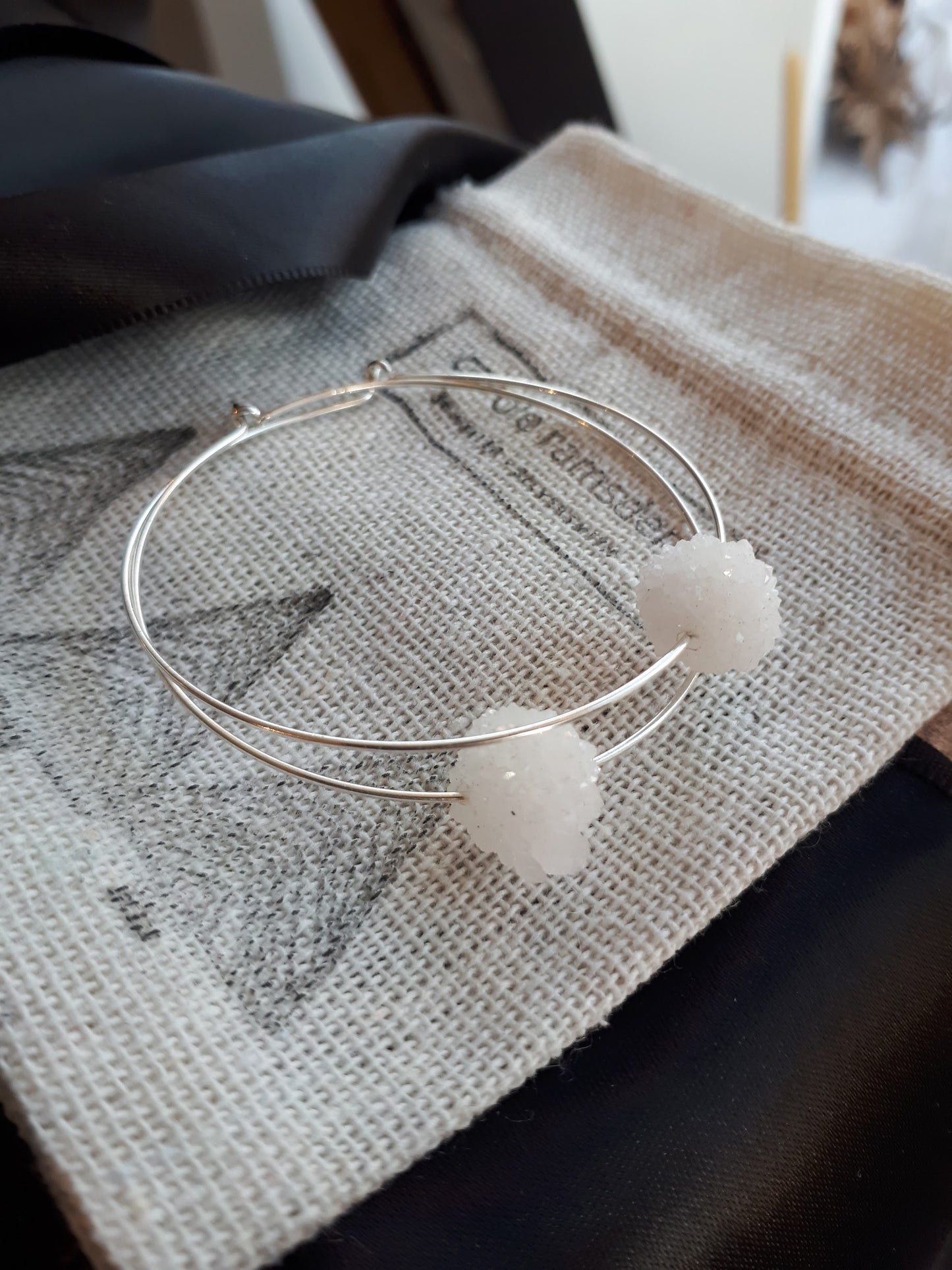 Carole Ramsden Silver - white quartz snowball hoop earrings large