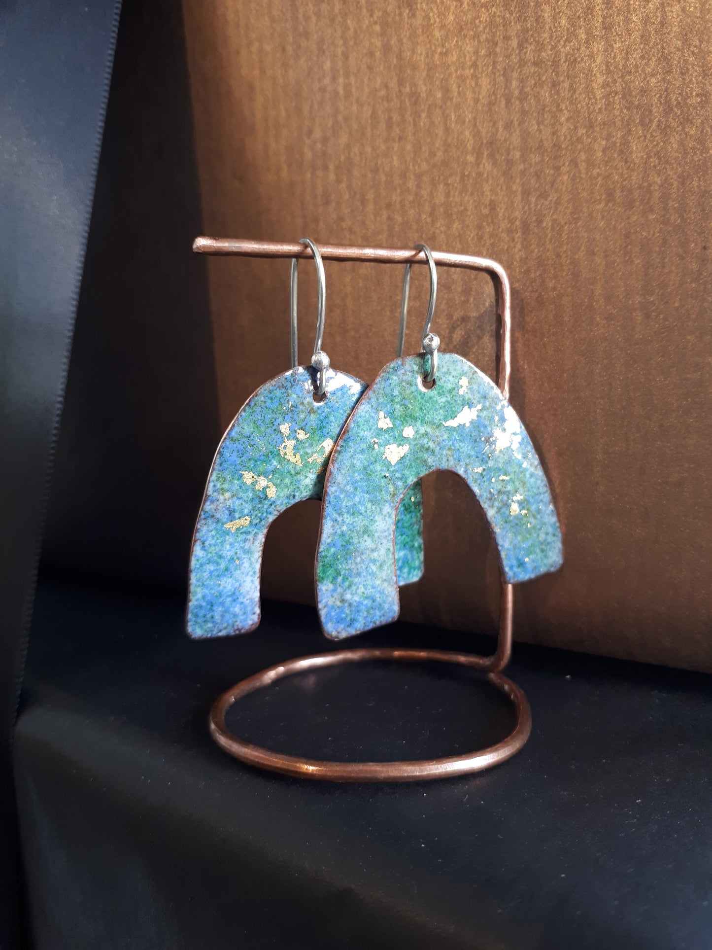 Carole Ramsden Silver - curved arch copper enamelled drop earrings