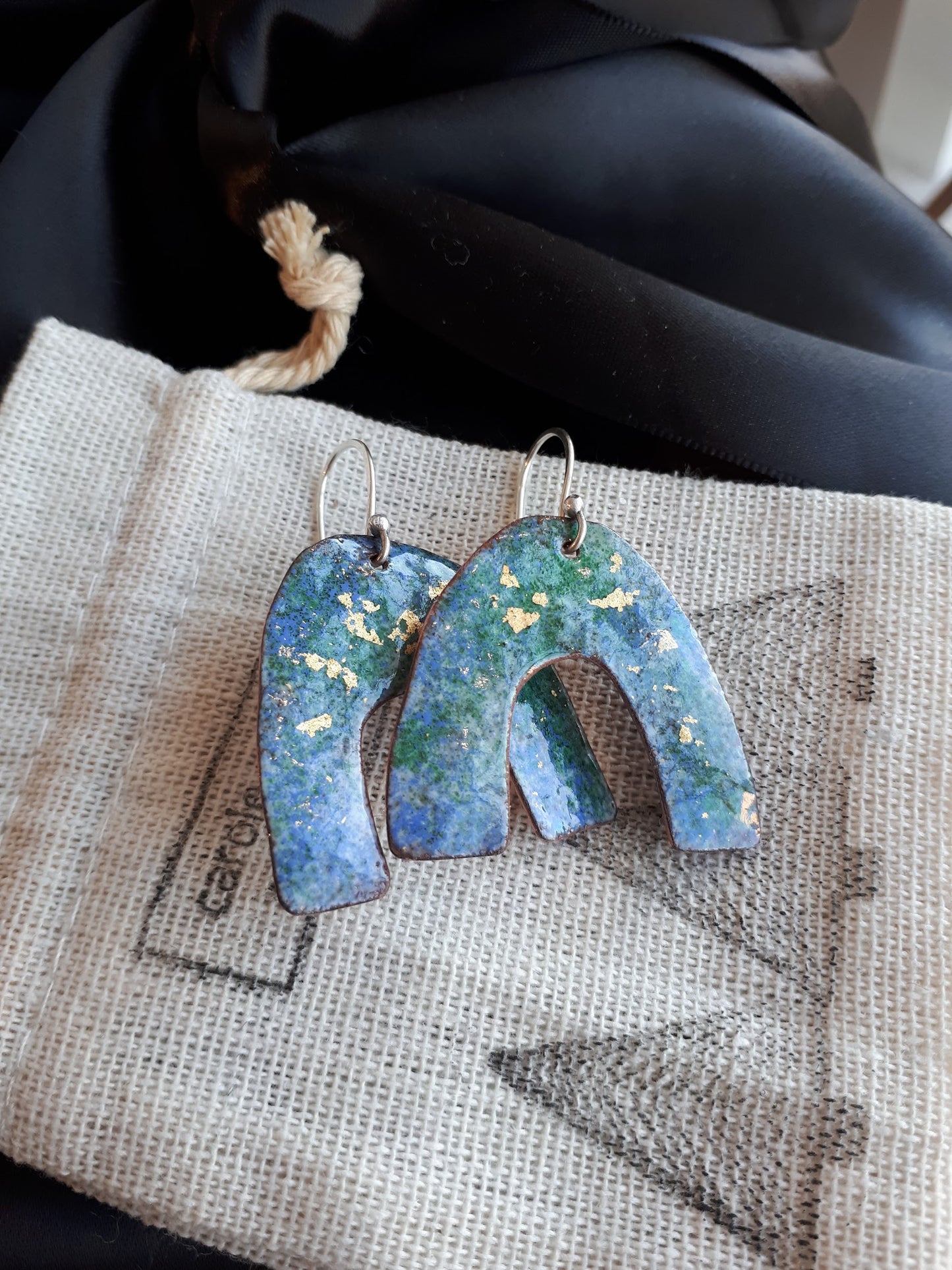 Carole Ramsden Silver - curved arch copper enamelled drop earrings