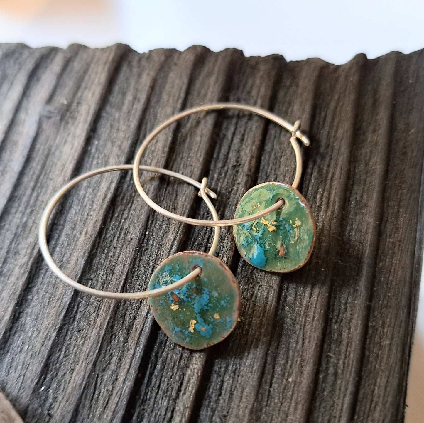 Carole Ramsden Silver - CR156 - Silver hoop and copper circle enamel earrings