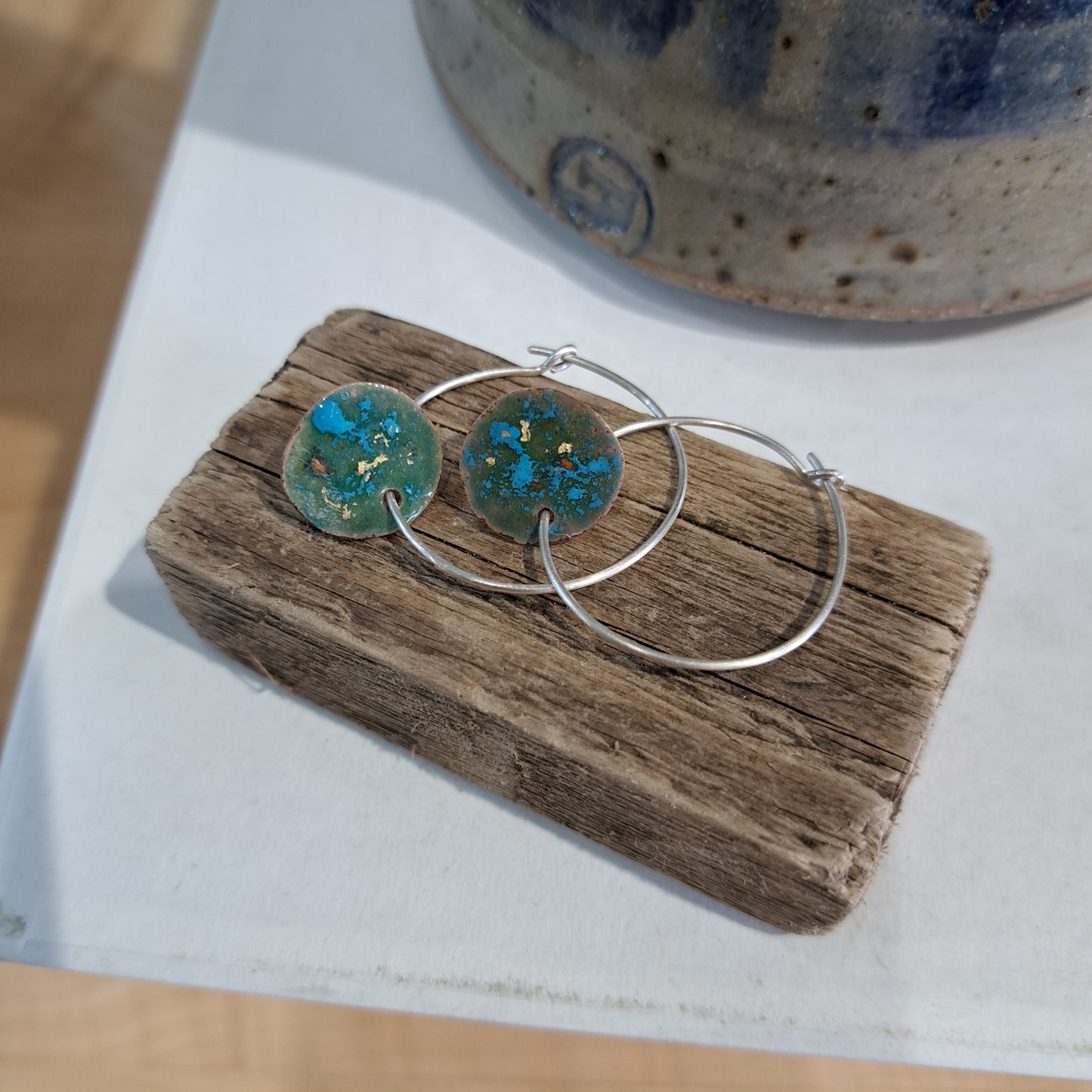 Carole Ramsden Silver - CR156 - Silver hoop and copper circle enamel earrings