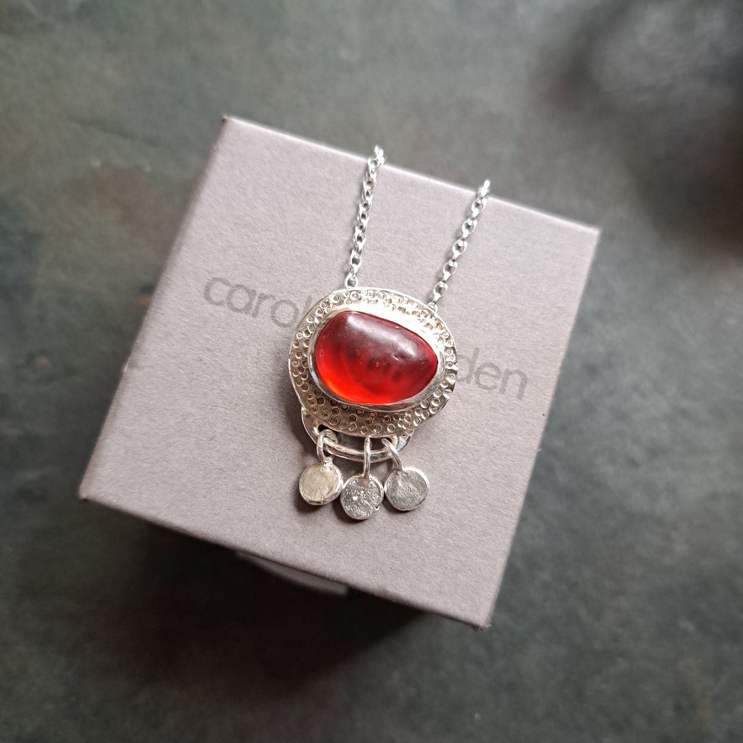 Carole Ramsden Silver - Red Seaglass Silver Necklace - Silver Challenge March