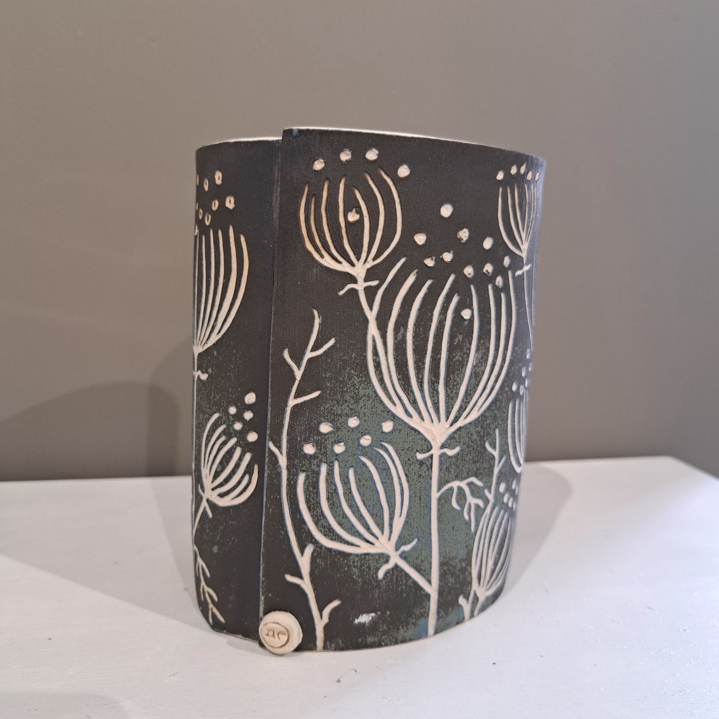 Natalie Elderton - Large green/brown Arris Cylinder Vase
