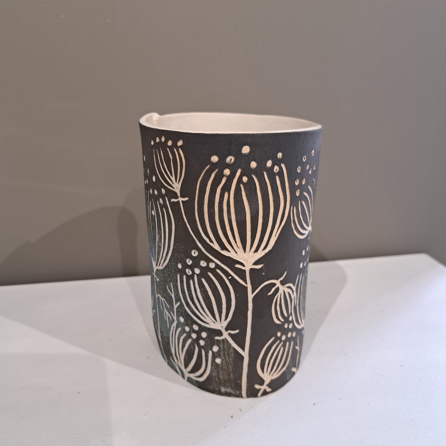 Natalie Elderton - Large green/brown Arris Cylinder Vase