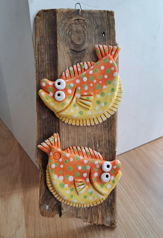 Kate Ellis - Two Ceramic Fish on Wood Hanging Decoration