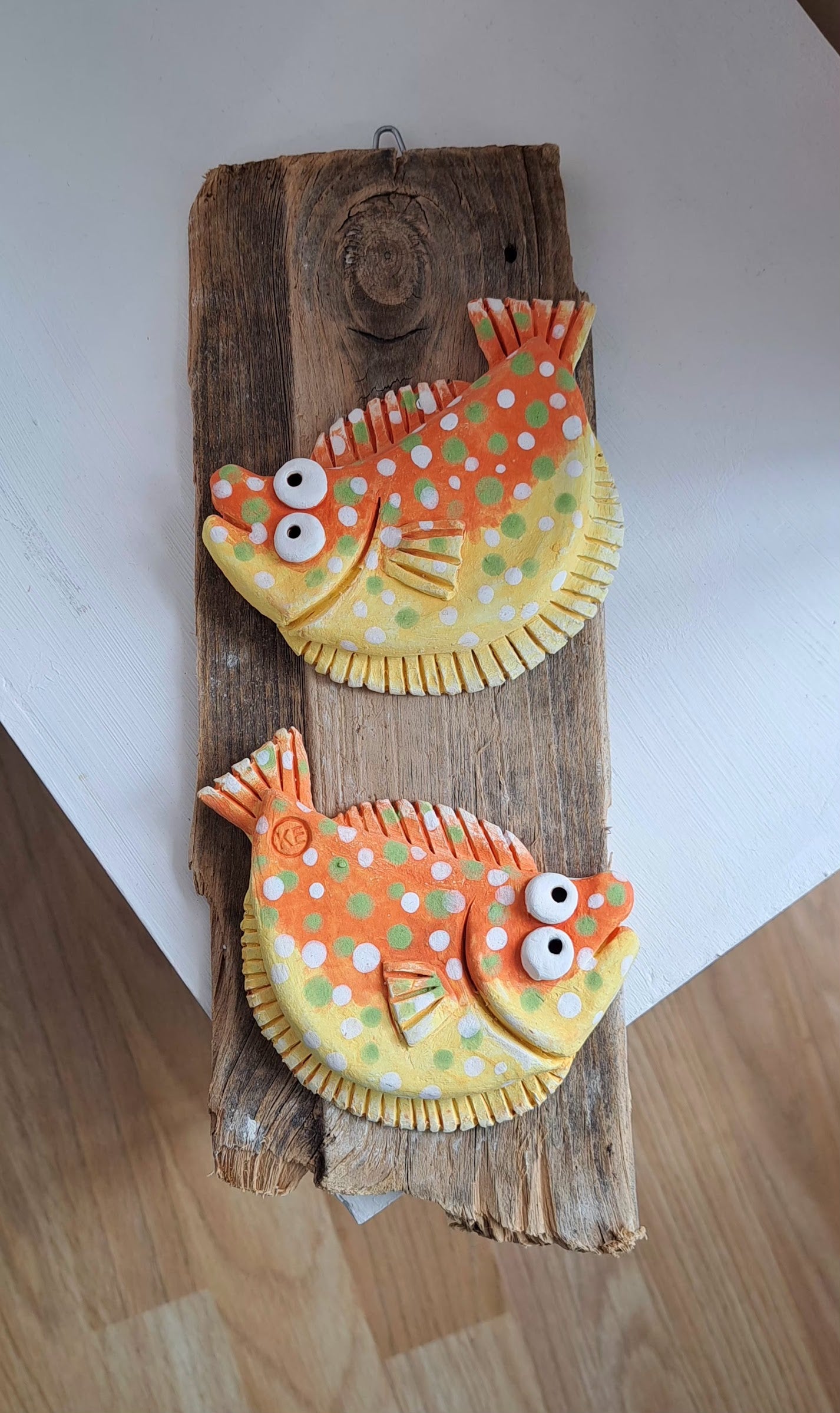 Kate Ellis - Two Ceramic Fish on Wood Hanging Decoration