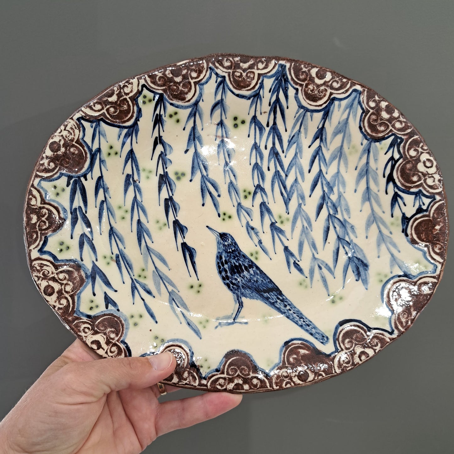 Adrift Pottery - Long tailed bluebird platter 19