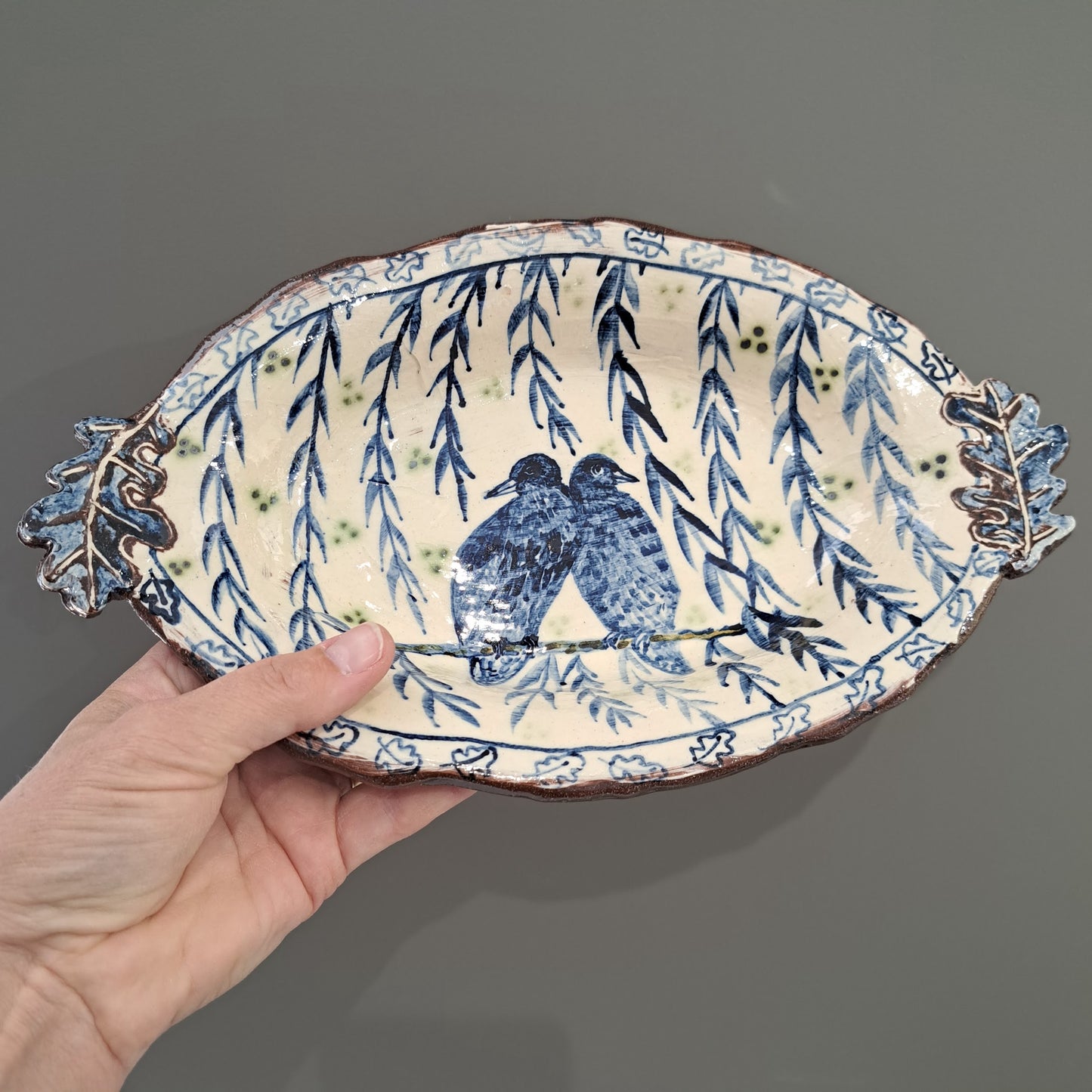 Adrift Pottery - Oak leaf handles bluebird dish 16