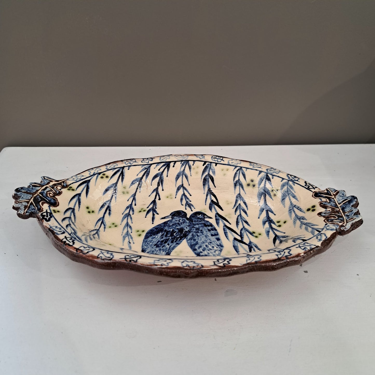 Adrift Pottery - Oak leaf handles bluebird dish 16