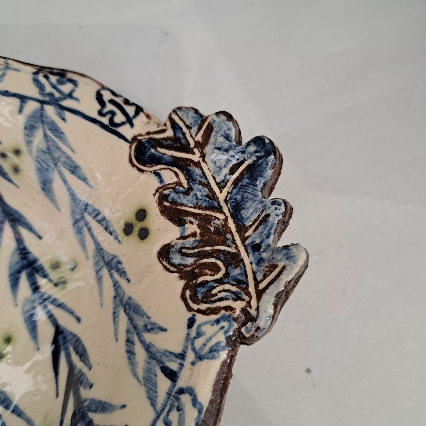 Adrift Pottery - Oak leaf handles bluebird dish 16