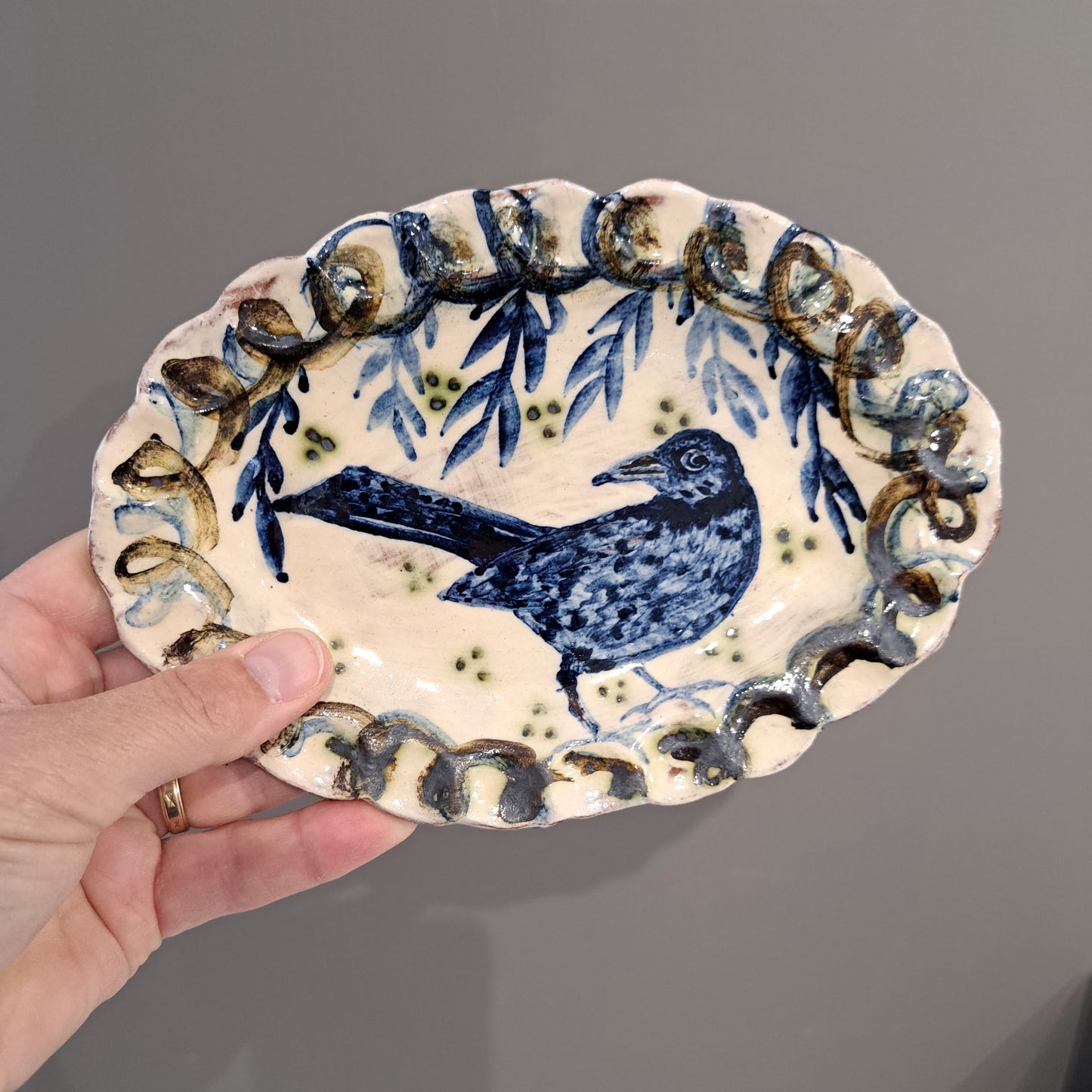 Adrift Pottery - Blackbird small oval fluted dish 7