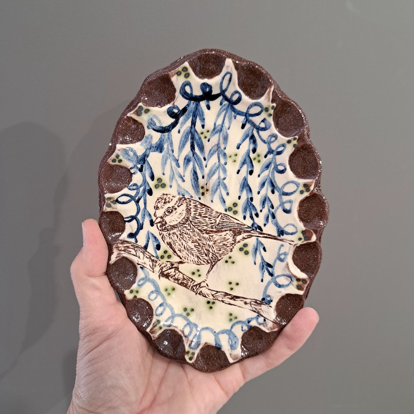 Adrift Pottery - Bluetit small oval fluted dish 8