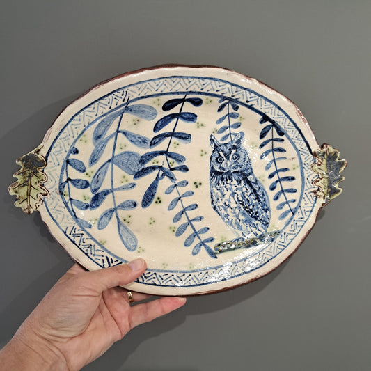 Adrift Pottery - Oak leaf handles owl platter 22