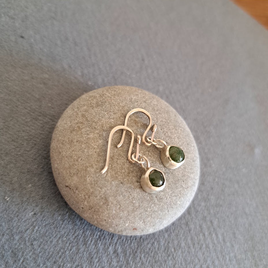 Carole Ramsden Silver - Melted moss green sea glass cabochon earrings