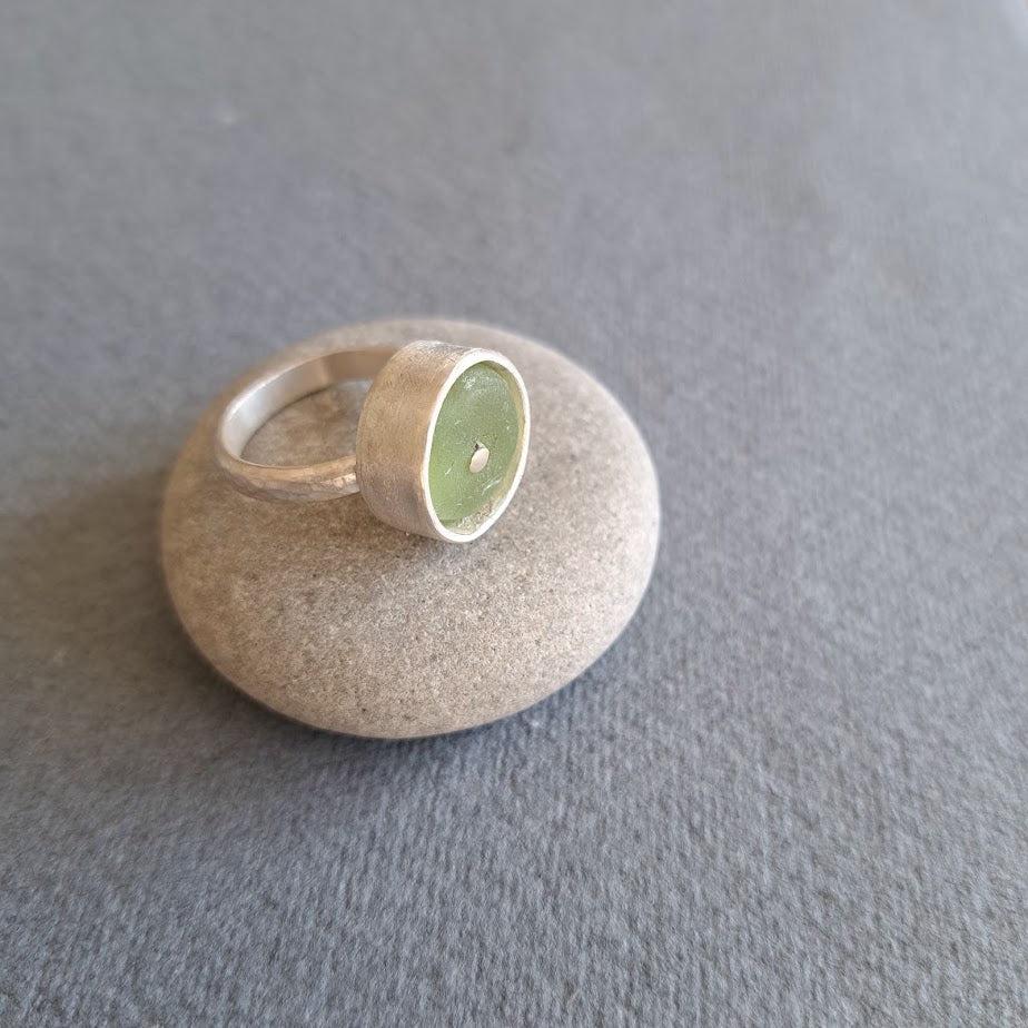 Carole Ramsden Silver - Lime green sea glass riveted bezel ring